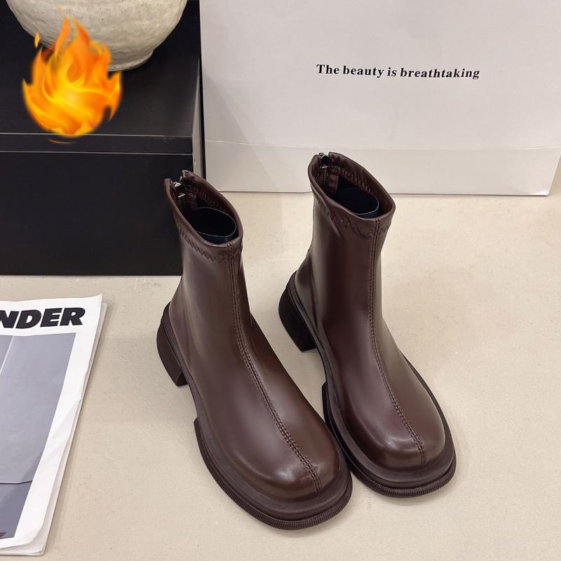 Autumn Winter Fleece Lined Women Ankle Boots Concise Thick Heel Dress Shoes Street Style Banquet Party Short Botas Mujer