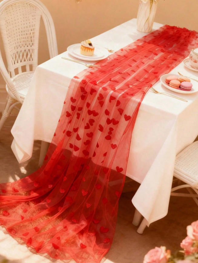 1pc Valentine's Day Mesh Heart Shaped Table Runner, Red & Pink Heart Mesh Tablecloth, Romantic Atmosphere Decor For Valentine's