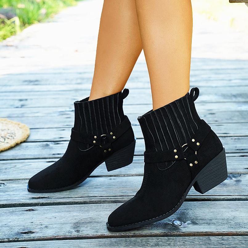 Foreign trade new elastic band thick heel short Martin boots women's cross-border retro style round head middle heel fashion rivet short boots