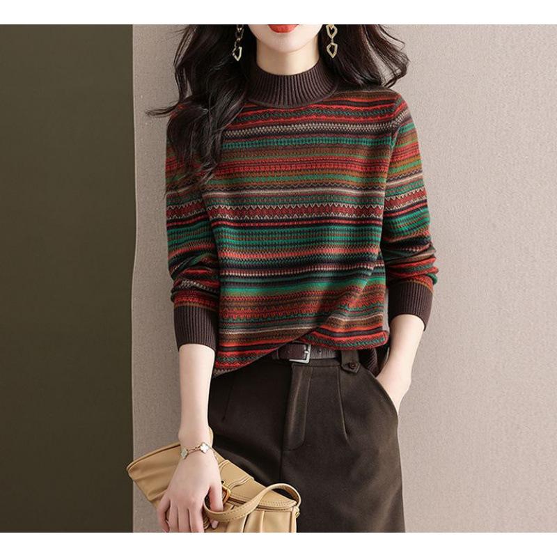Retro Jacquard Pullover mit halbem Rollkragen Damen Herbst und Winter neu dick modisch gestreift locker gestricktes Unterhemd