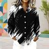 Women Plus Size Collared Neck Long Sleeve Black White Printed Button Front Curved Hem Shirt