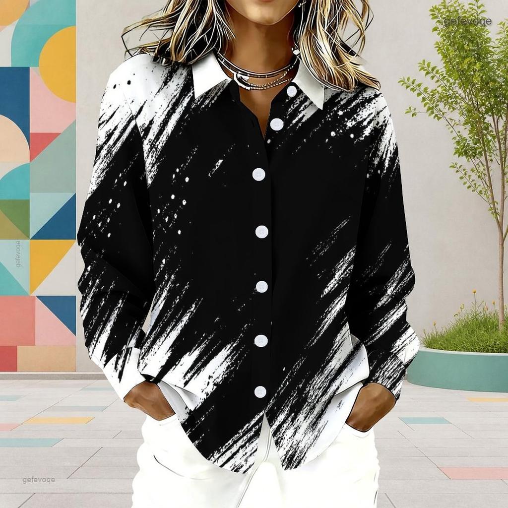 Women Plus Size Collared Neck Long Sleeve Black White Printed Button Front Curved Hem Shirt