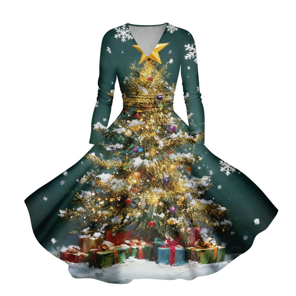 Ladies' Casual And Fashionable Christmas Tree Print Long Sleeved V-neck Sexy Pocket Dress