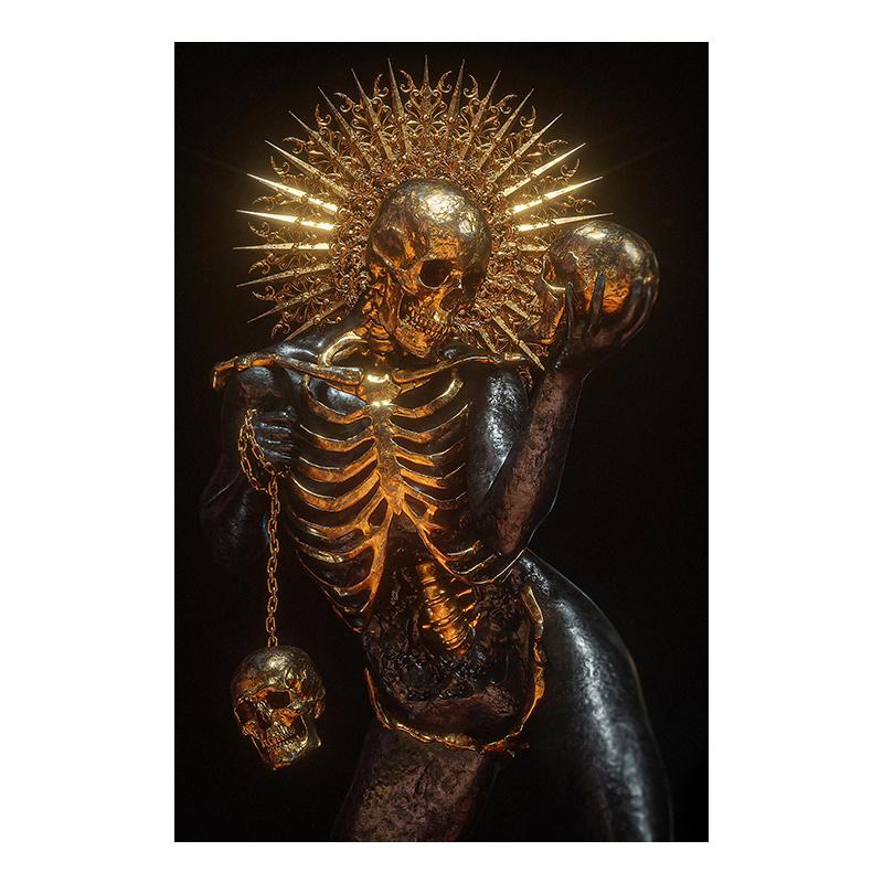 Black Golden Red Abstract Skeleton Art Canvas Poster Gothic Painting Print Metallic Texture  Skull Pictures Room Home Wall Decor