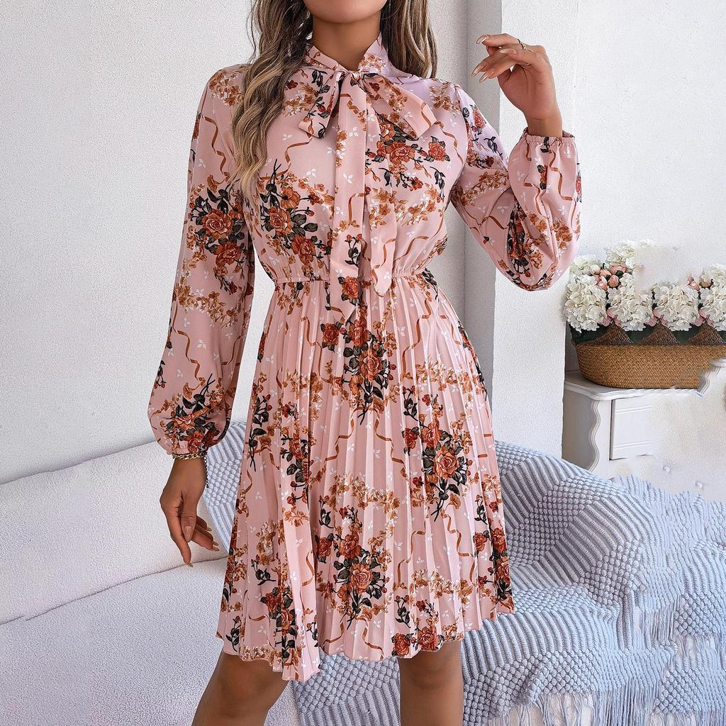 Jesienno-zimowa damska sukienka z długim rękawem w kwiaty, plisowana, z wysokim stanem i linią A