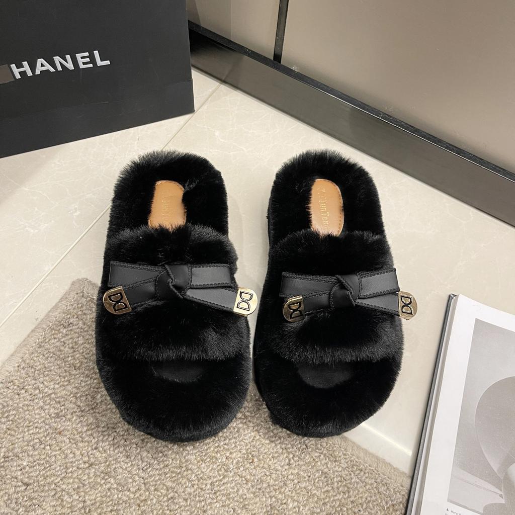 Super fire fluffy slippers women's outer wear 2025 spring and autumn new high-end thick bottom heightening one-word cotton slippers