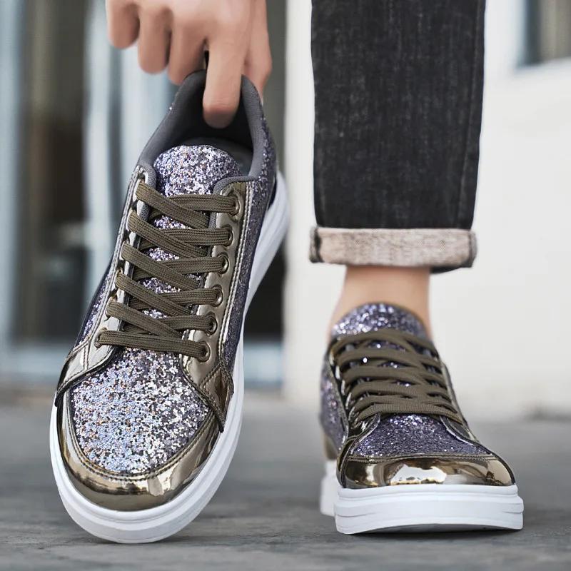 Fashion Gold Men's Sneakers 2025 New Luxury Fashion Skateborad Shoes Glitter Casual Shoes Men Platform Vulcanize Shoes Big Size Tenis