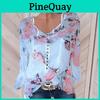 Comfortable Women Casual Floral Printed Buttons T-shirt Ladies Chiffon Irregular Tops Blouse