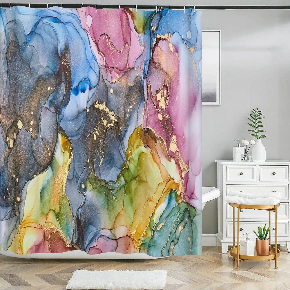 Perdea de Duș din Material Textil cu Model Geometric Abstract Marmorat Colorat, Perdele de Baie Decor, Impermeabilă, Paravan de Baie cu 12 Cârlige