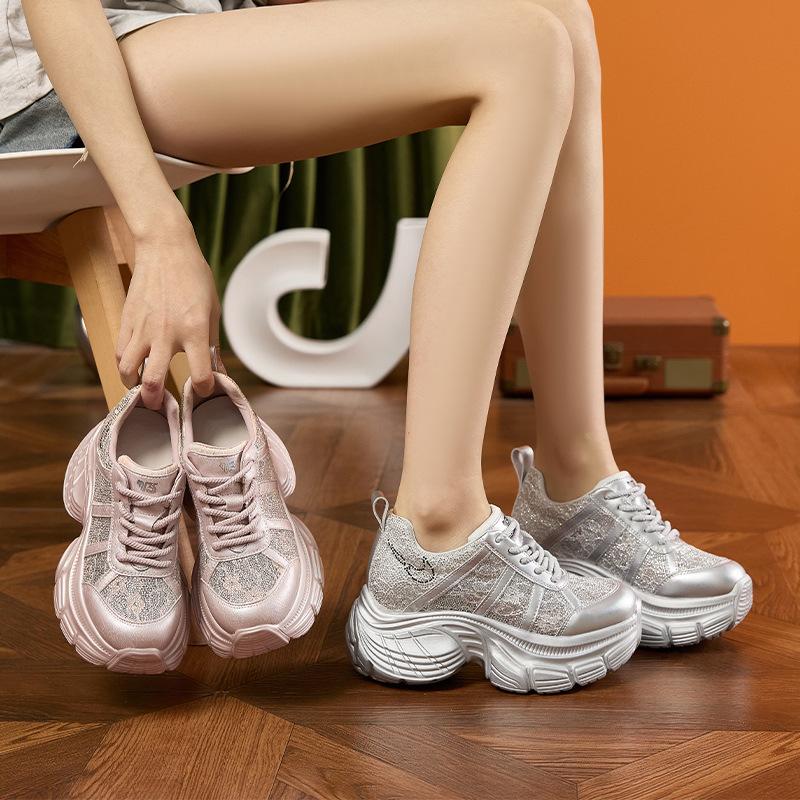 Thick-soled Rhinestone Dad Shoes Women's 2025 Summer New Inner Height-increasing Women's Shoes Breathable Mesh Fashion Versatile Casual Shoes