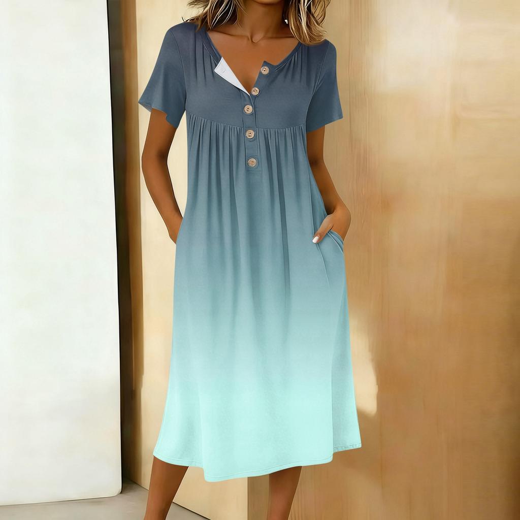 Women's Fashion Gradient Color Printed Round Neck Short Sleeve Button Neck Medium Length Casual Dress