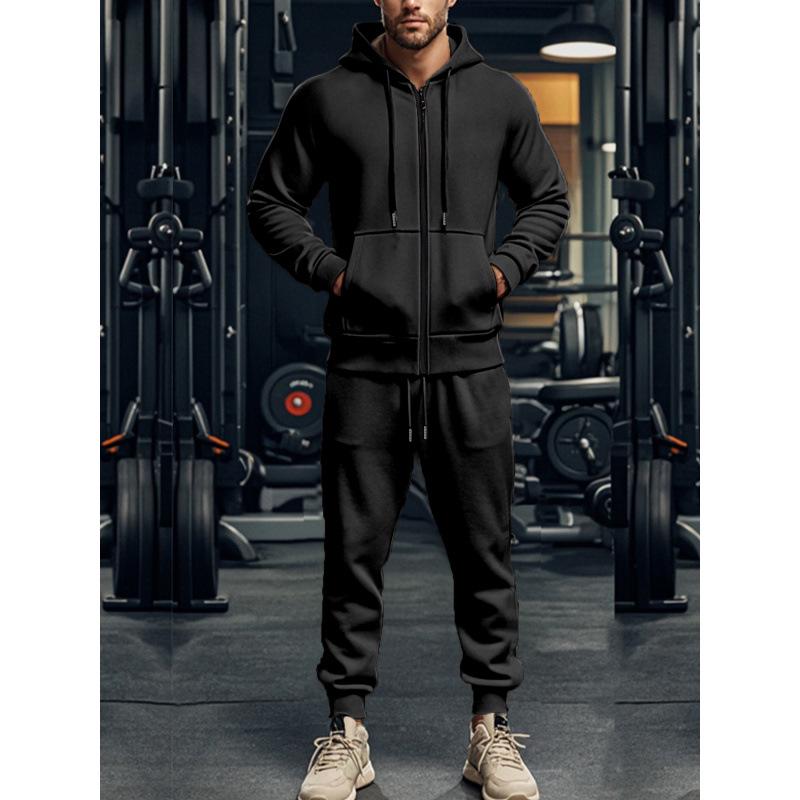 Men's Solid Color Plus Velvet Hooded Sports Set - Zipper Long Sleeve, Warm for Autumn/Winter