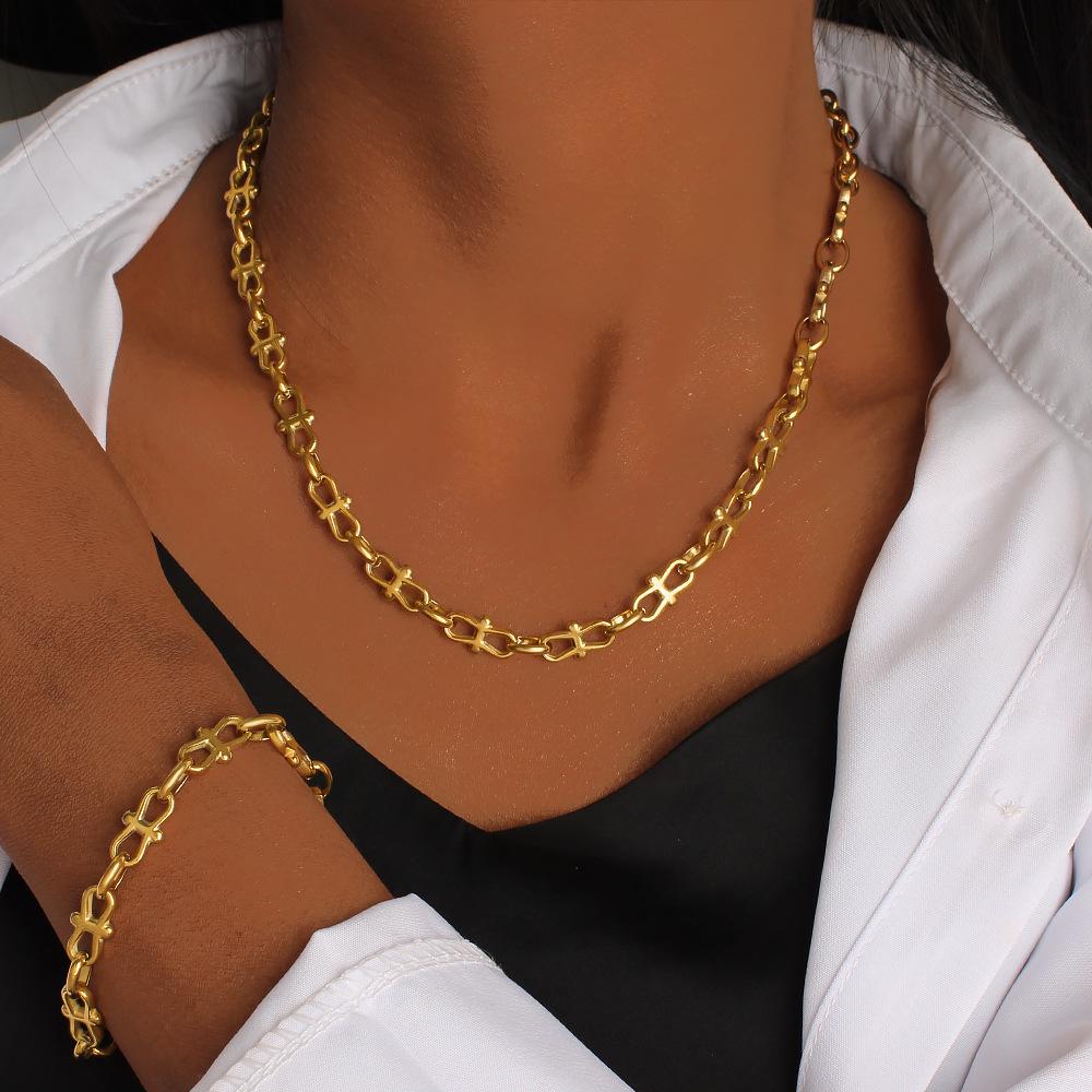 Trendy Bow Necklace and Bracelet Set - European American Hip Hop Style Jewelry in 304 Stainless Steel.