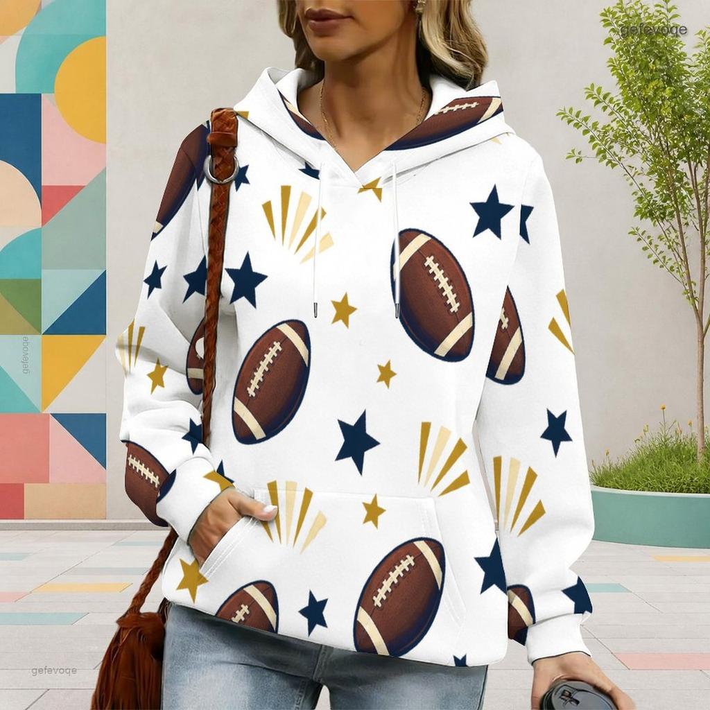 Women Plus Size White Football Star Print Long Sleeve Drawstring Hood Kangaroo Pocket Pullover Hoodie