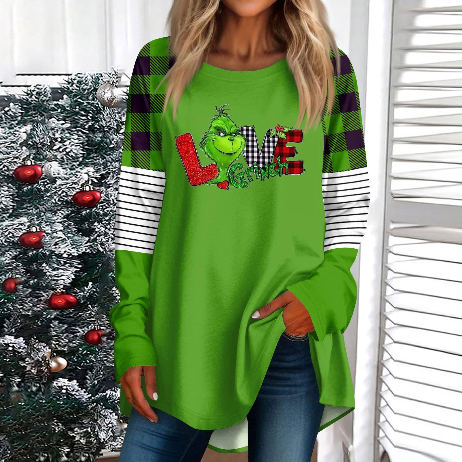 

Женская повседневная футболка больших размеров с длинными рукавами и круглым вырезом с рождественским принтом, верхний пуловер XXL киноварь