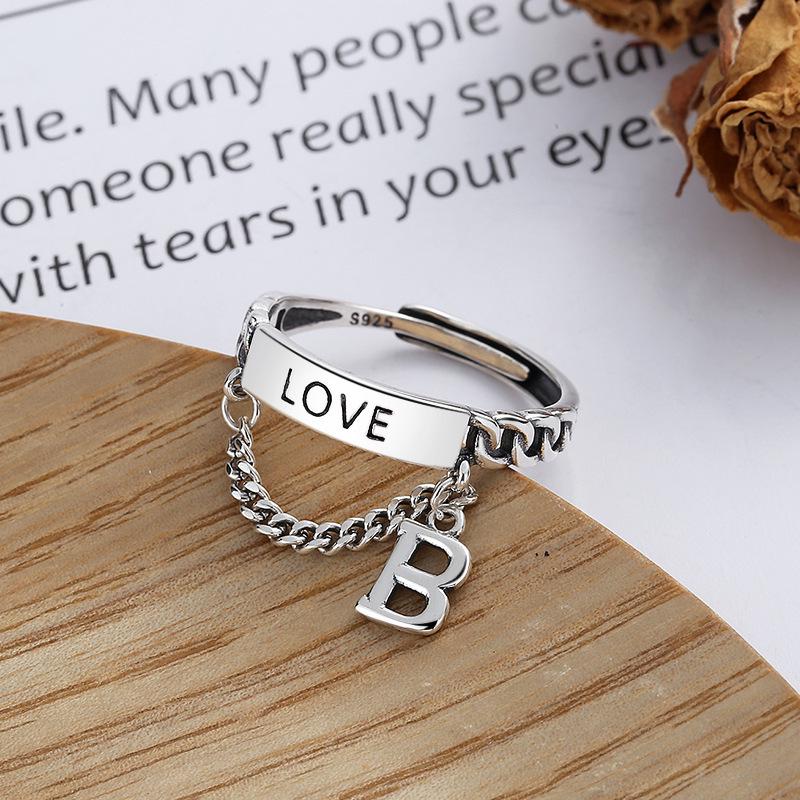 Korean-Japanese Letter Love Chain Tassel Ring for Women - Retro Hip Hop Fashion Index Finger Open Ring