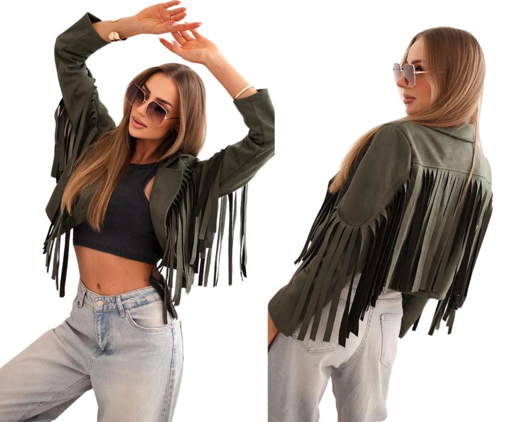 Khaki Kurtka Damska Z Frędzlami W Stylu Boho