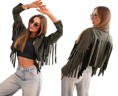 Khaki Kurtka Damska Z Frędzlami W Stylu Boho