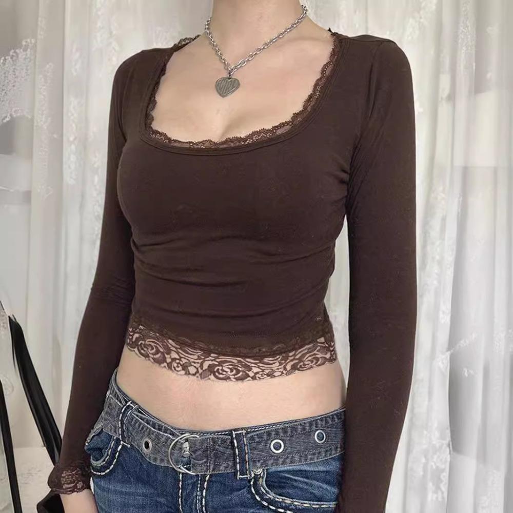 Jaro a Podzim Sexy U-výstřih Krajka Mašle Prošívání Zeštíhlující Dlouhý Rukáv Y2K Základní Tričko