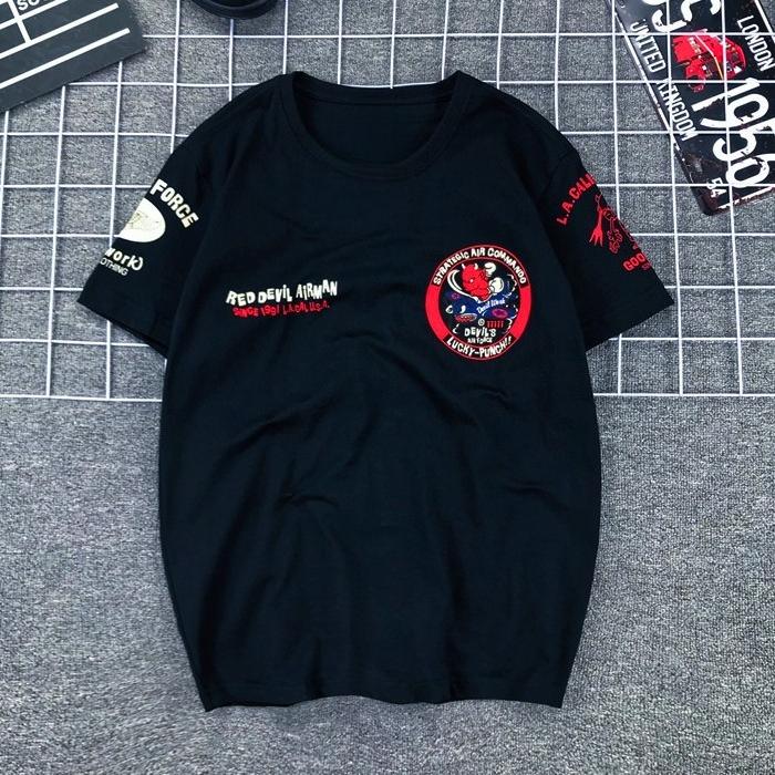 Japan Lucky Ghost Little Devil Shark Fighter Plane Printed Locomotive Cotton Short-sleeved T-shirt Men Women Half-sleeved Tide