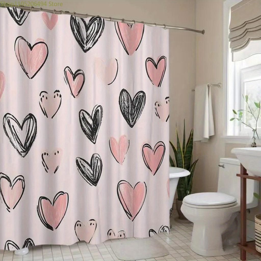 1pc Pink and Black Heart Pattern Polyester Shower Curtain, Fashion Theme, Washable, All-Season, with Hooks, for Home Bathroom
