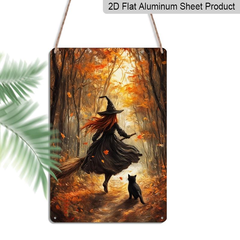 2D Flat Vintage Autumn Forest Witch with Black Cat Aluminum Metal Sign‑8.0x12.0inch Halloween Wall Decor, Witch Broom Fall Maple Leaf Art Plaque