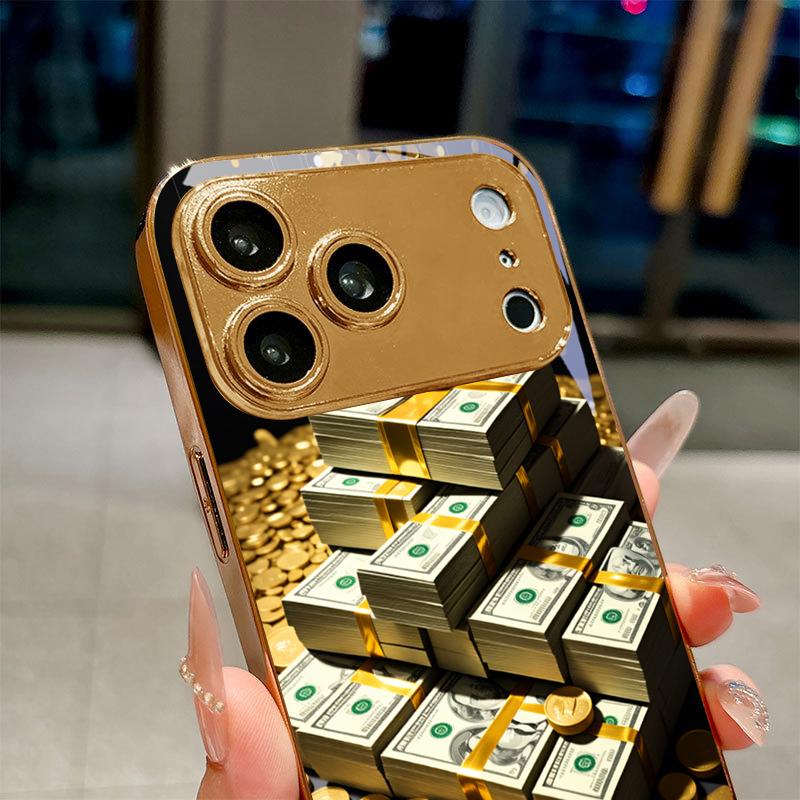 Money Stacks Art Electroplated Golden Phone Case For iPhone 17Air 17 16 15 14 13 12 11 Pro Max Plus 16E XR 7 8 Xs X Glass Cover