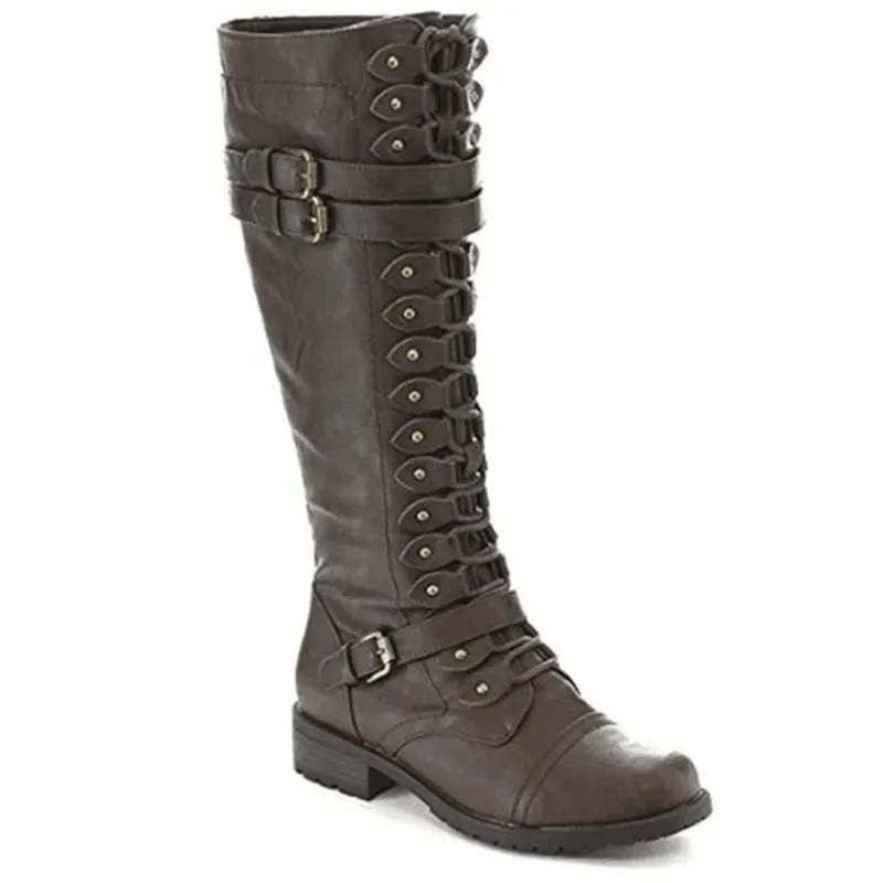 Fashion Women Knee High Boots Autumn Winter Lace Up Flat Shoes Sexy Steampunk PU Retro Buckle Women Shoes Ladies Snow Boots Yui8