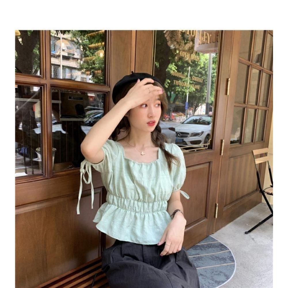 Square Collar Puff Sleeve Short Top Women's Short Sleeve Shirt Design Niche
