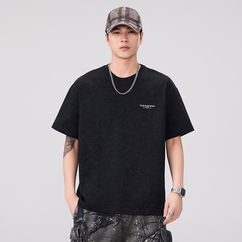 New Heavyweight Pure Cotton Short-sleeved T-shirt Men's Loose Summer Round Neck Retro Printed Half-sleeved Shirt