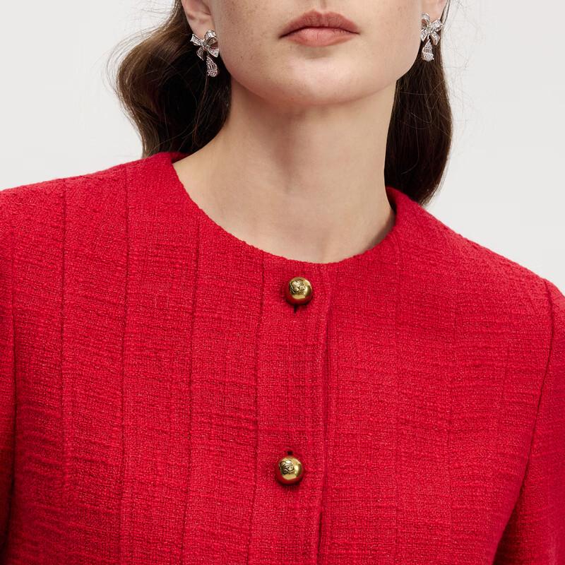 Langzi Red Round Neck Pleated Hem Short Jacket