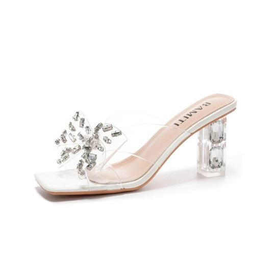 

Transparent 2025 summer new sandals rhinestone bow high heels with skirt thick heel fashion outer wear cool slippers women 40 белый