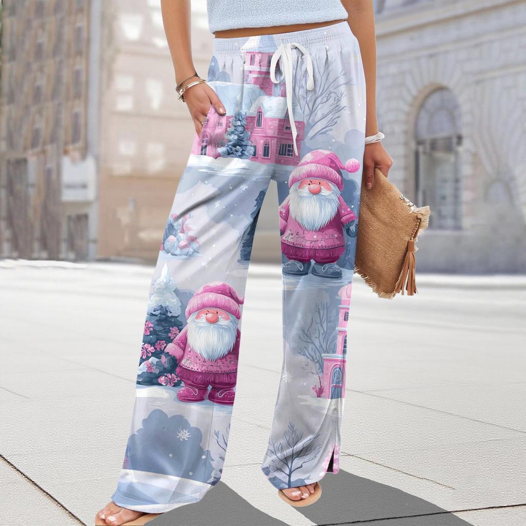 Ladies' Loose And Casual Christmas Printed Wide Leg Pants With Elastic Waistband Drawstring And Pocket Pants