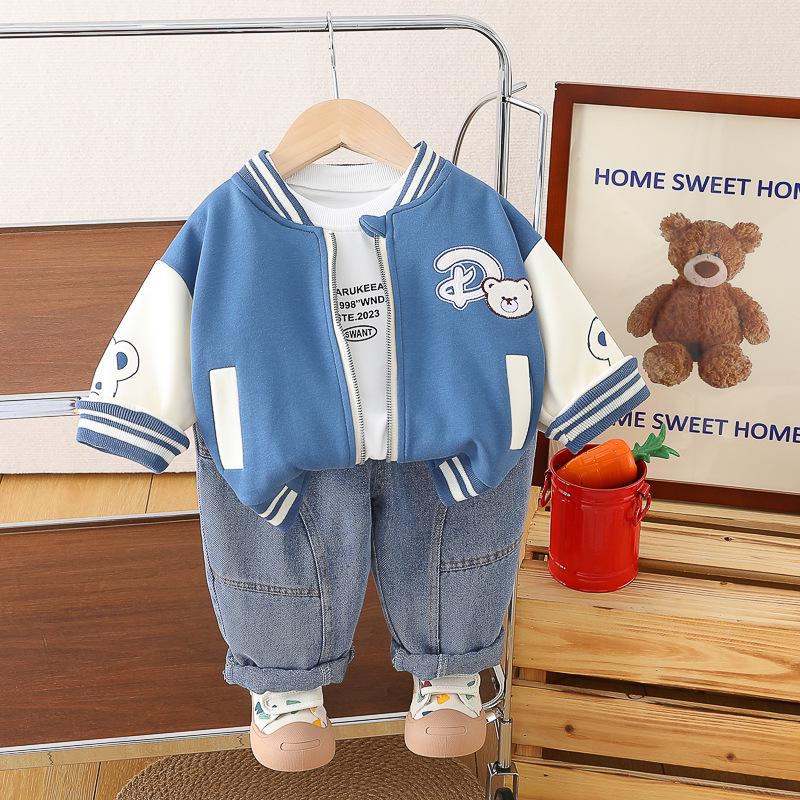 2025 Spring Trendy Infant Boys' Bear Baseball Uniform 3-Piece Set