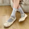 Women's Japanese Sweet Bowknot Accent Crew Socks Elegant Students Hollowout Heart Pattern Ruffle Top Middle Calf Socks