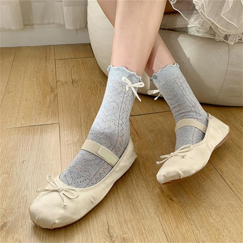 Women's Japanese Sweet Bowknot Accent Crew Socks Elegant Students Hollowout Heart Pattern Ruffle Top Middle Calf Socks