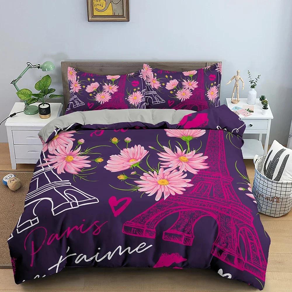 3D Liebesherz Eiffelturm Bettwäsche-Set Einzelbett Zweibettbett Doppelbett Queen-Size King-Size Cal King-Size Bettwäsche-Set