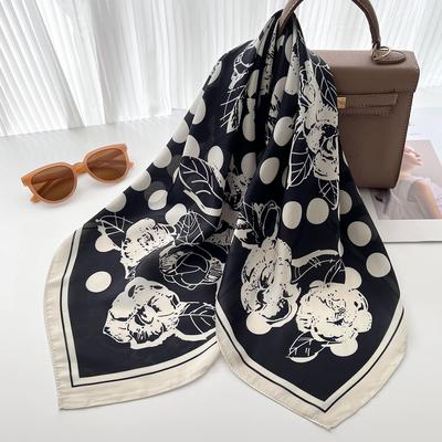 New Temperament Polka Dot Camellia Simulated Silk Scarf Women's Spring Summer Decorative Scarf Square Scarf Korean Version Versatile Scarf