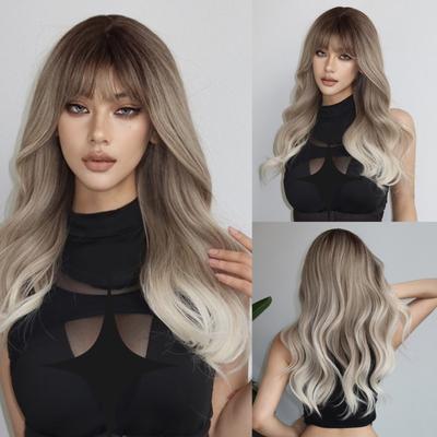 Lange Platin-Wellen-Synthetik-Perücke für weiße Frauen, Ombre-braune hellblonde Perücken mit Pony, tägliches Cosplay, hohe Temperatur