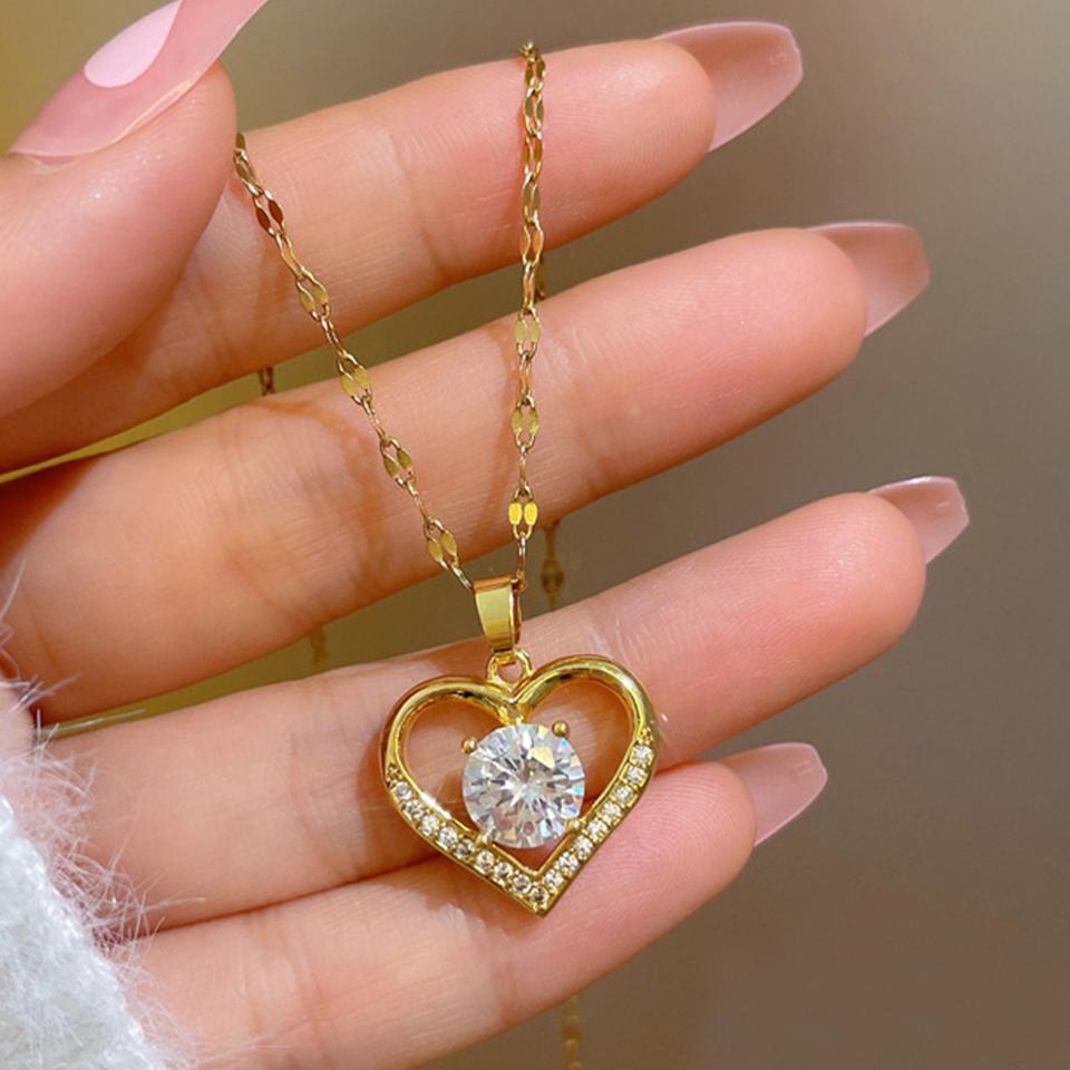 ZAKOL 2 Pieces Hot Sale Titanium Steel Zircon Inlaid Heart Pendant Necklace Exquisite Couple Necklace Fashion Zircon Gift