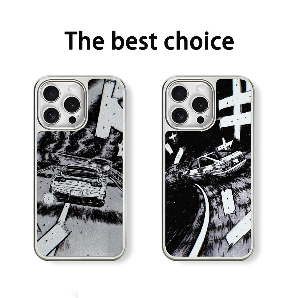 Racing Initial D Anime Sports Car Phone Case for iPhone 16 15 14 13 12 11 Pro Max Sheepskin Silver-edged Protective Case