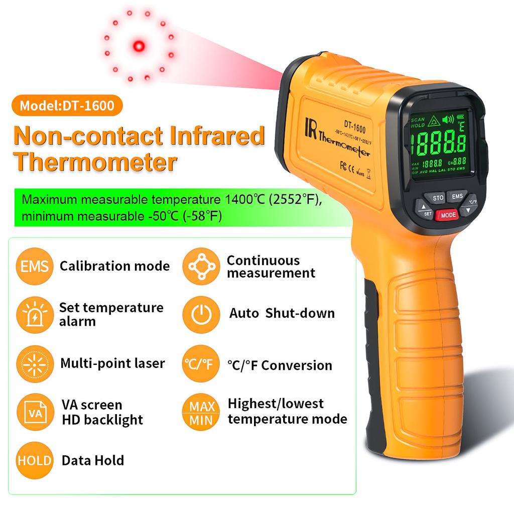 DT1000 DT1600 Infrared Thermometer Professional 13 Laser Points Non Contact Digital Pyrometer IR Temperature Gun High Temp Alarm