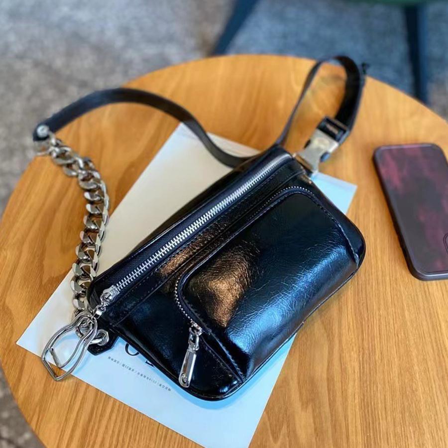 Stylish Hobo Solid Color Satchel Designer Chest Bag Women's PU Leather Waist Bags Chains Fashion Zip Fanny Shoulder Pack Black