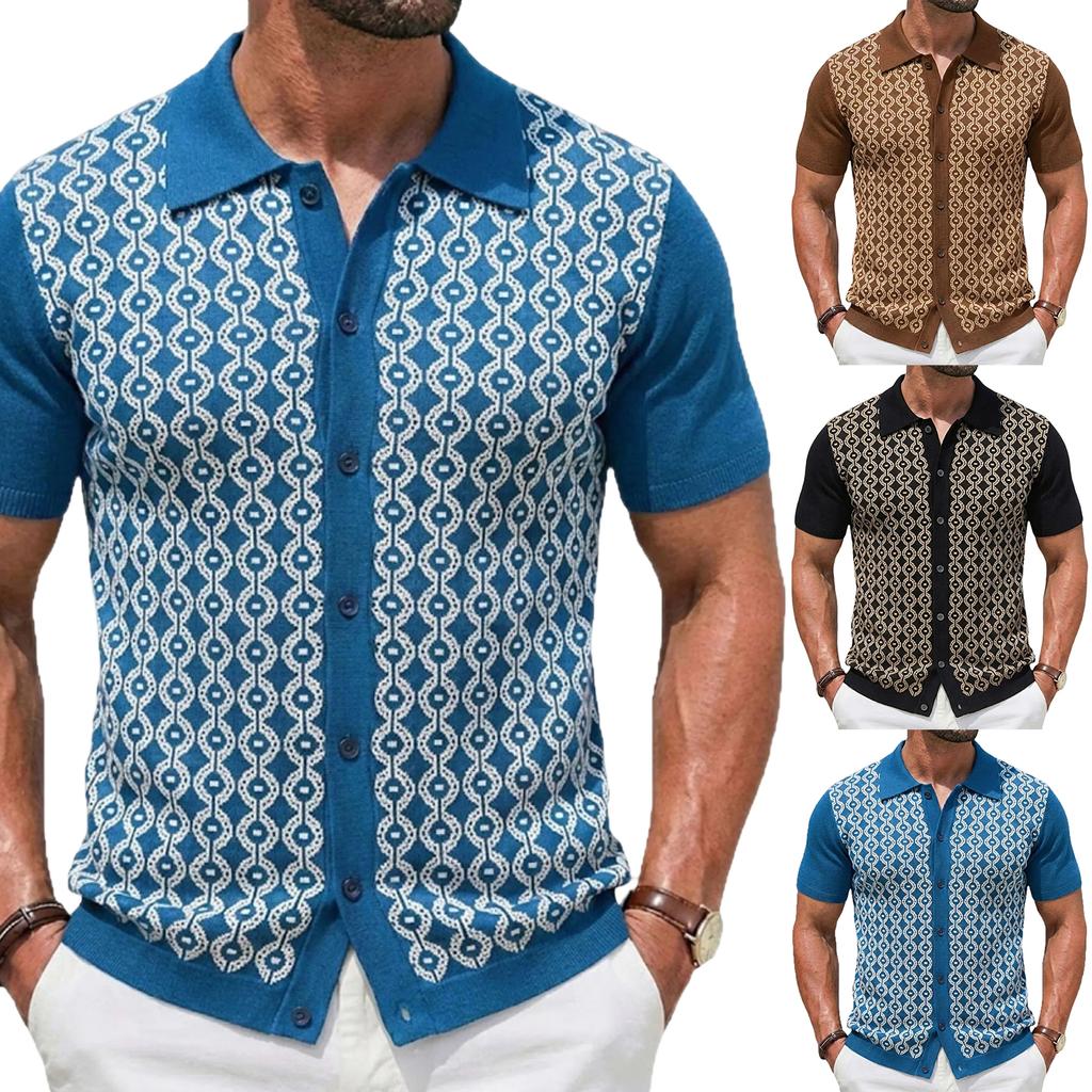 Men's Geometric Short Sleeve Knit Cardigan, Lightweight Summer Shirt for Casual Wear