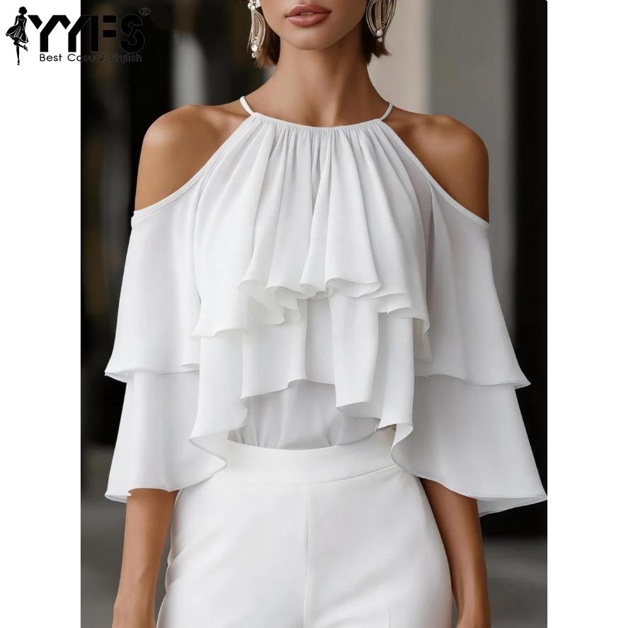 YYFS Mode Femme Casual Été Printemps Couleur Unie Impression Manches 3/4 Col Plongeant Chemisiers & Chemises