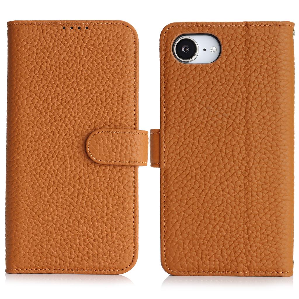 For iPhone 16e Stand Case Litchi Texture Genuine Cow Leather Wallet Phone Cover RFID Blocking