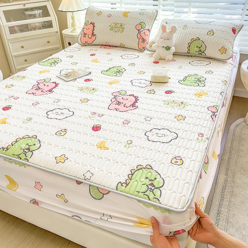 3Pcs Summer Natural Latex Cooling Mat Set Cartoon Printed Fitted Sheet with Pillowcase Soft Non-Slip Bedding with Elastic Band