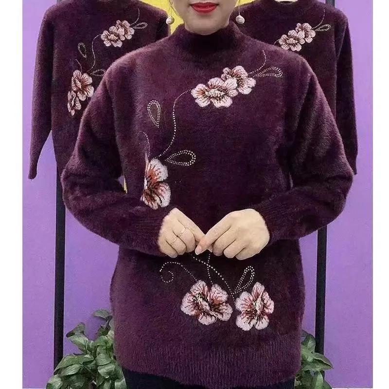 Women's Fall and Winter Models Padded and Thickened Half Turtleneck Sweater Middle-aged and Elderly Plus Size Loose Comfortable Sweater