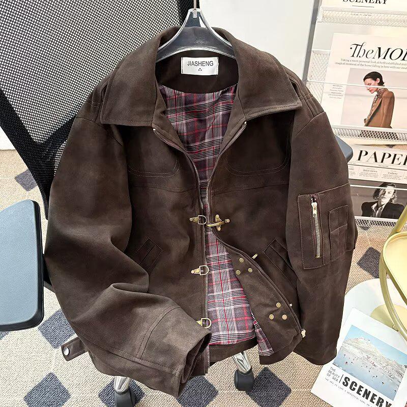 

Men s Retro PU Leather Lapel Jacket - Autumn/Winter Loose Fit Casual Workwear Style 2XL коричневий