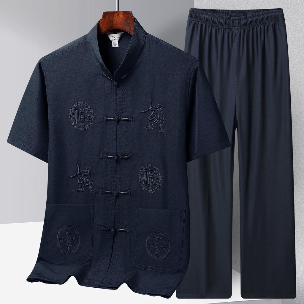 Embroidery Kung Fu Tai Chi Set Plus Size Cotton Linen Men Tang Suit Hanfu Chinese Style Casual Short-Sleeved Shirt Trousers Suit